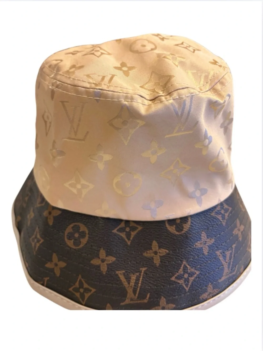 HAT: Brown & Beige Polyester Monogram & PU Leather Bucket, NWT